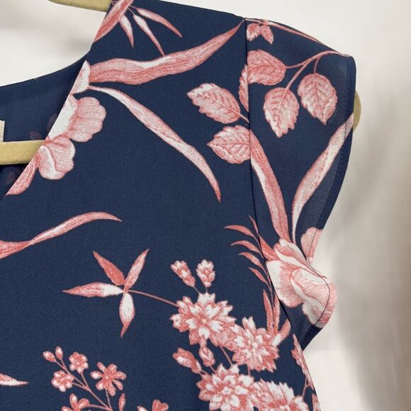 Ann Taylor Loft Cap Sleeve Floral Bird Blouse Flutter Sleeve Blue Pink XS - Picture 5 of 12